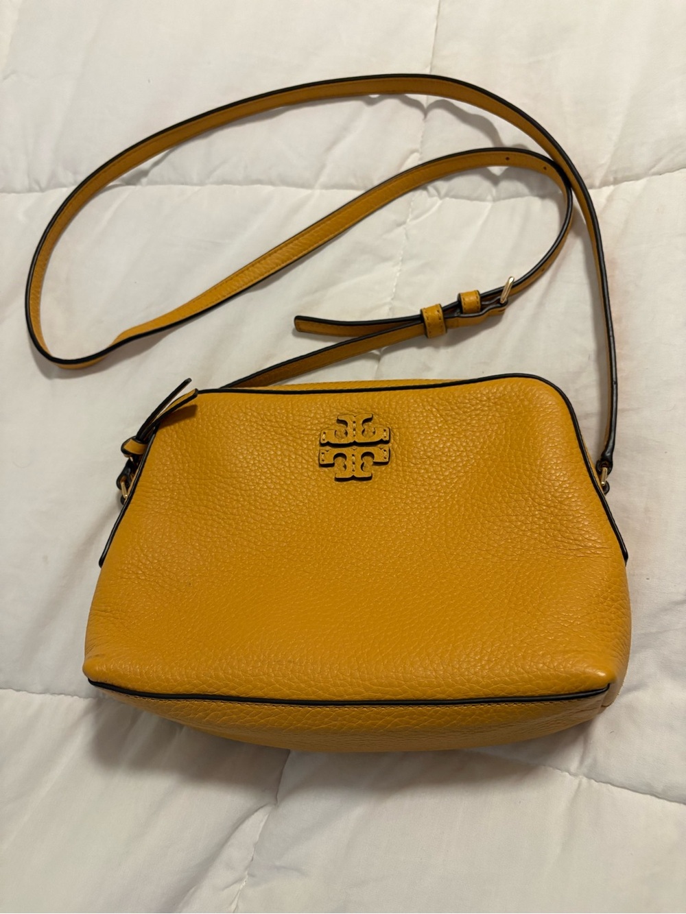 Tory Burch Mustard Pebbled Leather Crossbody with Logo